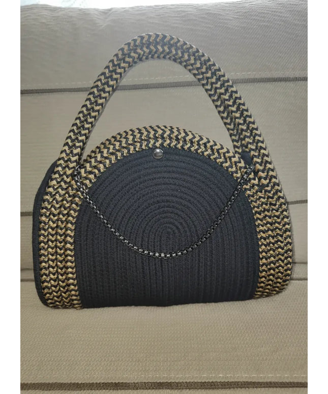 Siyah Hasır Görünümlü Yarım Ay Formlu Omuz ve El Çantası