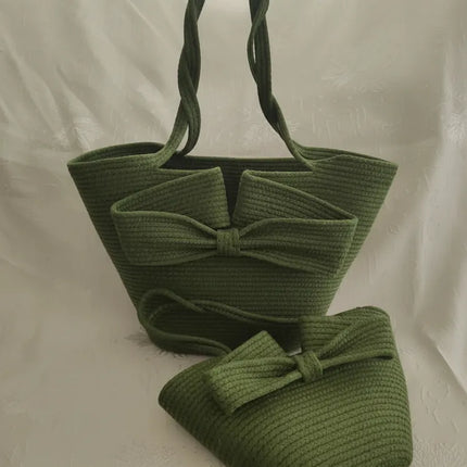 Haki Yeşil Halat Örgü Fiyonklu Anne Kız Kombin Çanta Seti