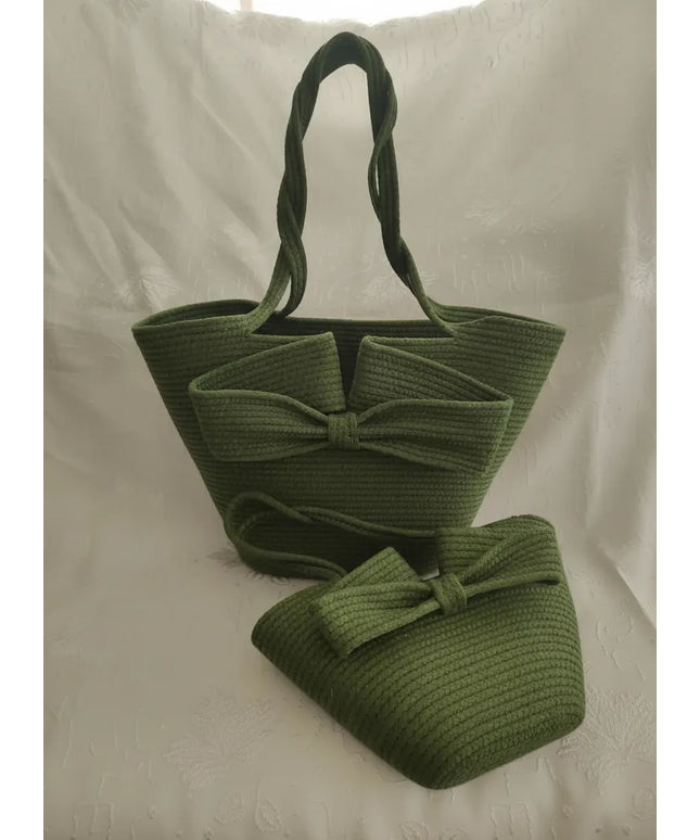 Haki Yeşil Halat Örgü Fiyonklu Anne Kız Kombin Çanta Seti