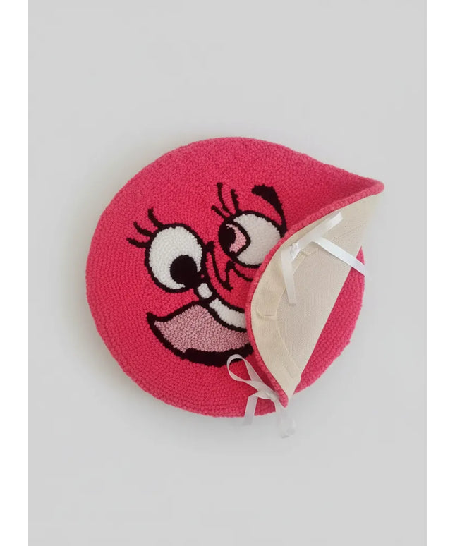 Pembe Neşeli Yüz Desenli El Yapımı Örgü Yuvarlak Tabure Kılıfı 38 cm