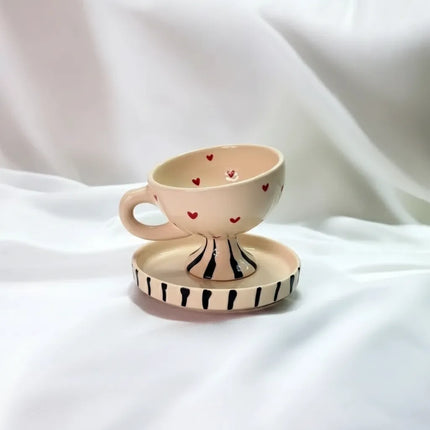 Krem Renkli Kalp Desenli 2'li Fincan Seti El İşçiliği