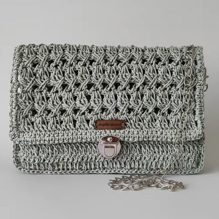 Gri Kağıt İpten Örme Zincir Askılı Kapaklı Omuz Çantası