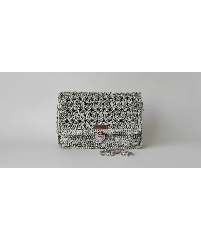 Gri Kağıt İpten Örme Zincir Askılı Kapaklı Omuz Çantası