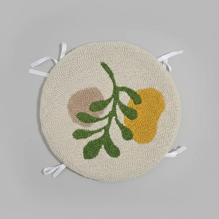 El Yapımı Yuvarlak Tabure Minderi Krem Zemin Bitki Desenli Kılıf