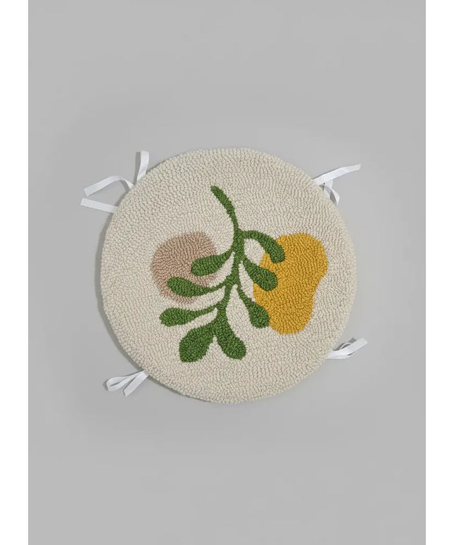 El Yapımı Yuvarlak Tabure Minderi Krem Zemin Bitki Desenli Kılıf