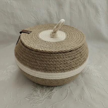 Jüt İp Kapaklı Dekoratif Sepet Bej ve Krem Tonlarında