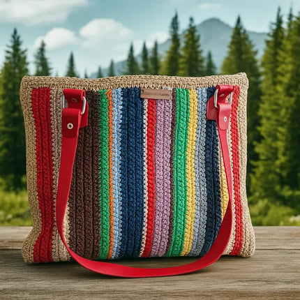 Çok Renkli Örgü Tasarım Kol Çantası Astarlı ve Kırmızı Detaylı