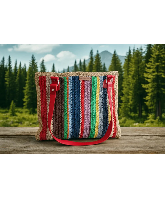 Çok Renkli Örgü Tasarım Kol Çantası Astarlı ve Kırmızı Detaylı
