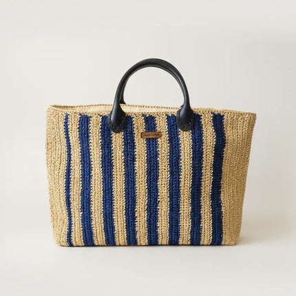 Mavi Çizgili Hasır Kol Çantası Plaj Çantası El Yapımı