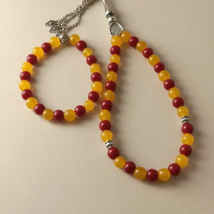 Galatasaray Taraftar Temalı Doğal Taş Tesbih ve Bileklik Seti