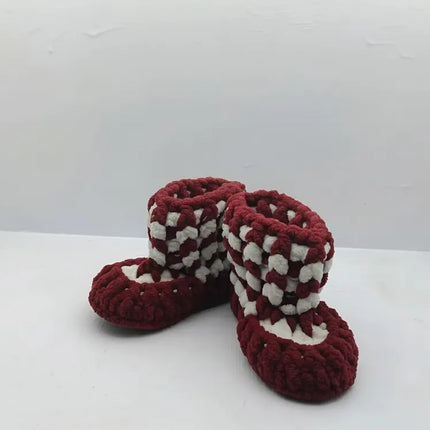 Erkek Bordo Beyaz Kare Desenli Örme Bebek Patiği 1617 Numara