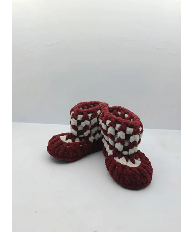 Erkek Bordo Beyaz Kare Desenli Örme Bebek Patiği 1617 Numara