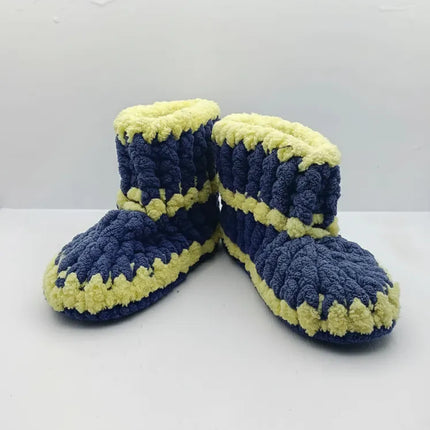 Örgü Çocuk Patik Sarı Lacivert Yumuşak ve Sıcak Tutan El Örmesi