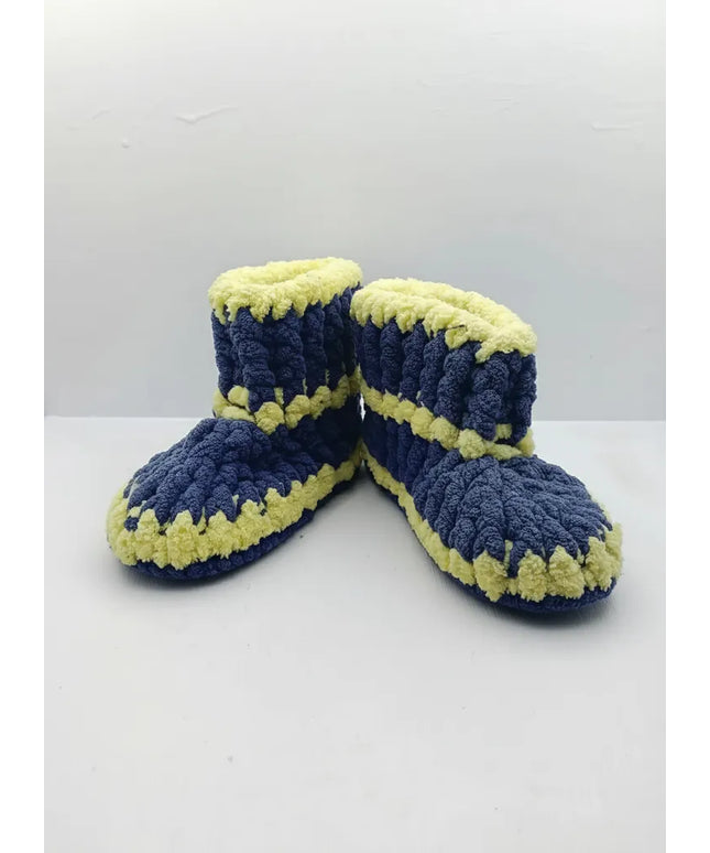 Örgü Çocuk Patik Sarı Lacivert Yumuşak ve Sıcak Tutan El Örmesi