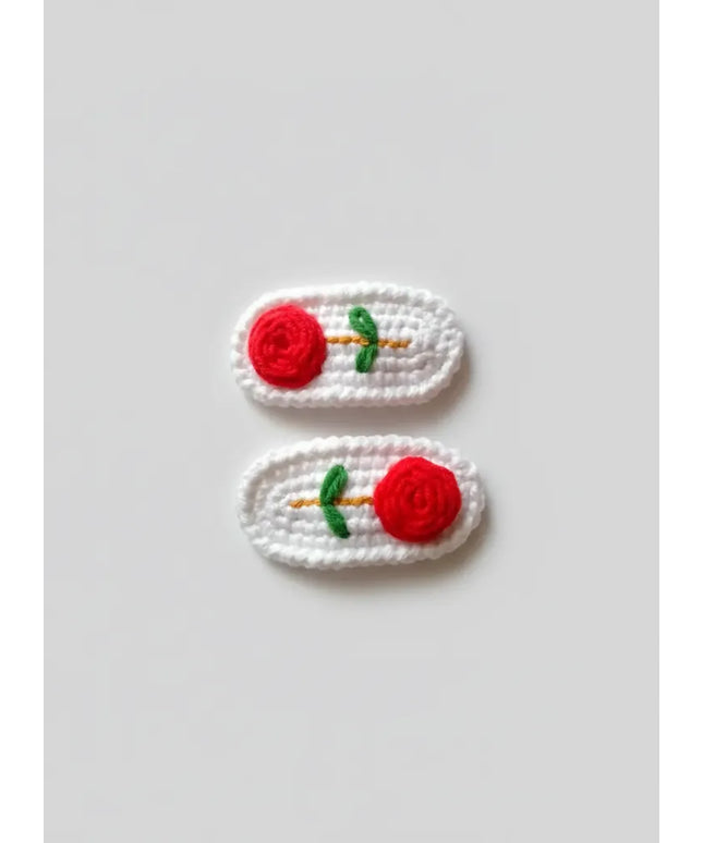 Örgü Kırmızı Gül Desenli Kıskaçlı Saç Tokası El Emeği