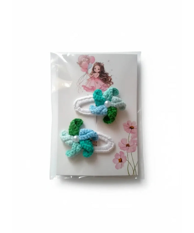 Örgü Mavi ve Yeşil Çiçek Motifli Kız Çocuk Toka Seti El Emeği