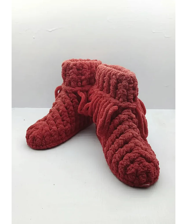 Kırmızı Örgü Çocuk Panduf Yumuşak ve Sıcak Ev Ayakkabısı (2425 Numara)