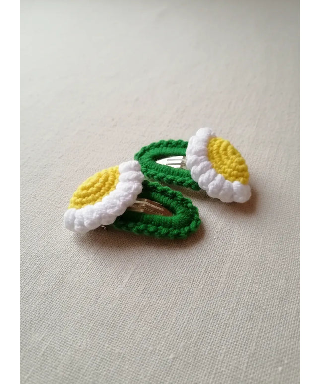 Sarı Beyaz Papatya Motifli Örgü Kıskaçlı Saç Tokası El Emeği