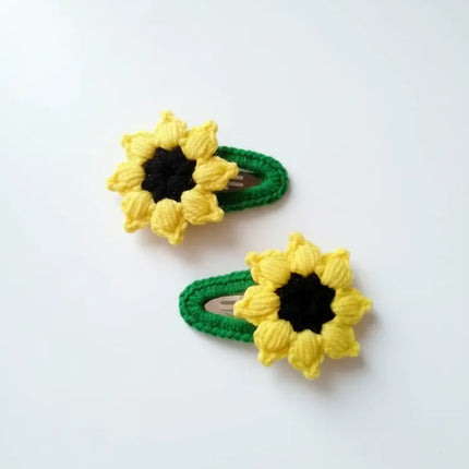 Sarı Güneş Çiçeği Motifli Örgü Saç Tokası Kıskaçlı Model