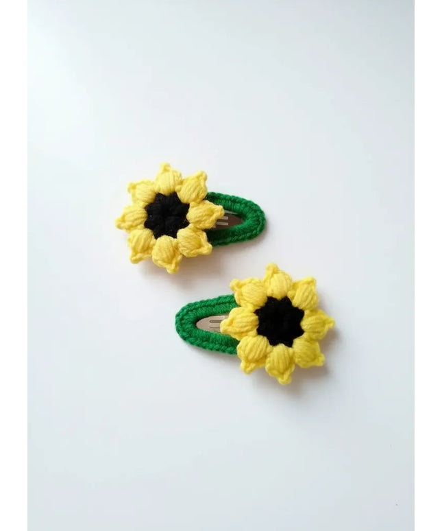 Sarı Güneş Çiçeği Motifli Örgü Saç Tokası Kıskaçlı Model
