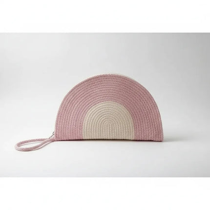 Pembe ve Krem Renkli Yarım Ay Şeklinde Örme Clutch Çanta El Yapımı