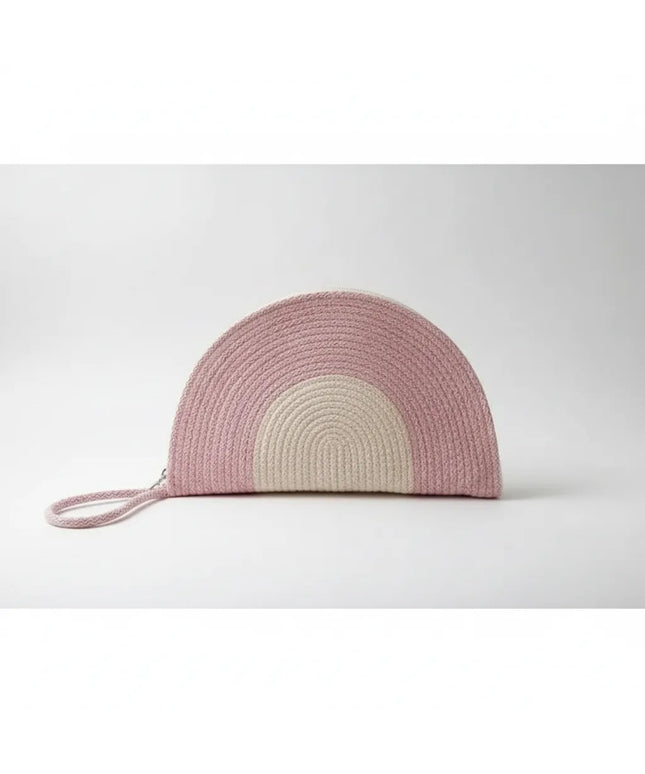 Pembe ve Krem Renkli Yarım Ay Şeklinde Örme Clutch Çanta El Yapımı
