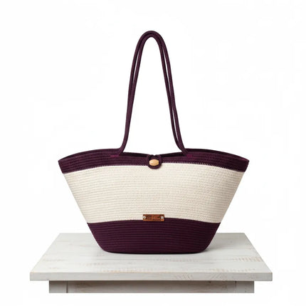 Beyaz ve Bordo Halat İpliği Örgü Plaj Çantası El Yapımı