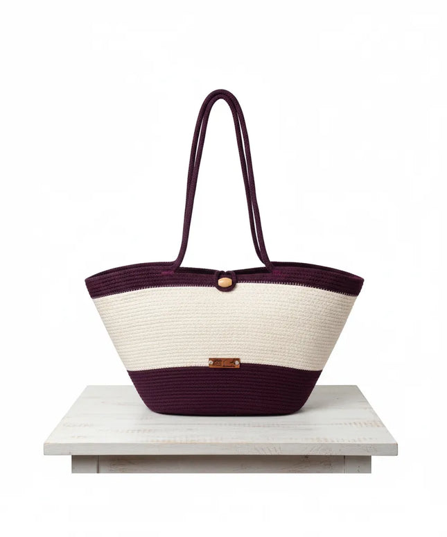 Beyaz ve Bordo Halat İpliği Örgü Plaj Çantası El Yapımı