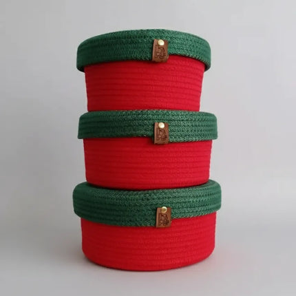 Kırmızı ve Yeşil Renkli Üçlü Pamuk İp Örme Sepet Seti