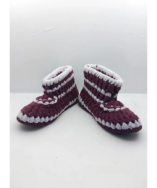 Bordo Beyaz Çocuk Örgü Ev Patiği 2829 Numara El Örmesi