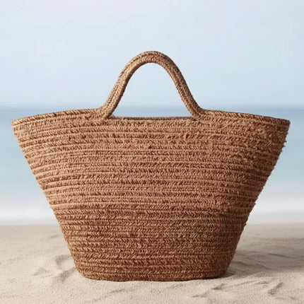 Kahverengi El Dokuma Geniş Ağızlı Hasır Sahil Çantası Plaj Modası