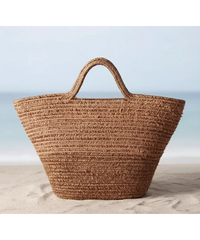 Kahverengi El Dokuma Geniş Ağızlı Hasır Sahil Çantası Plaj Modası