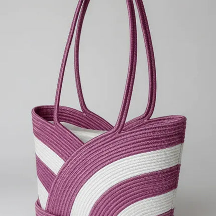 Mor ve Beyaz Şeritli Halat İpten Örme Plaj Çantası El Emeği