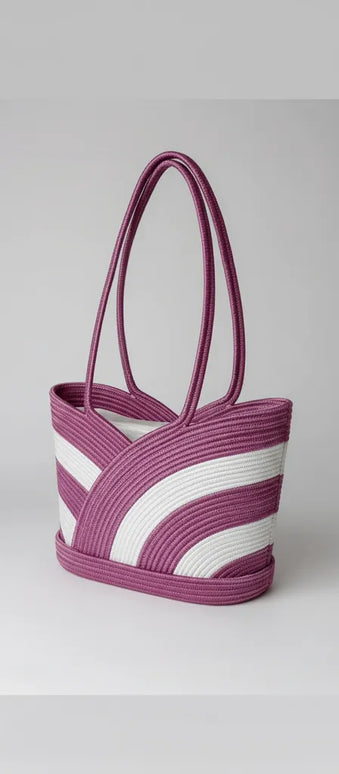 Mor ve Beyaz Şeritli Halat İpten Örme Plaj Çantası El Emeği