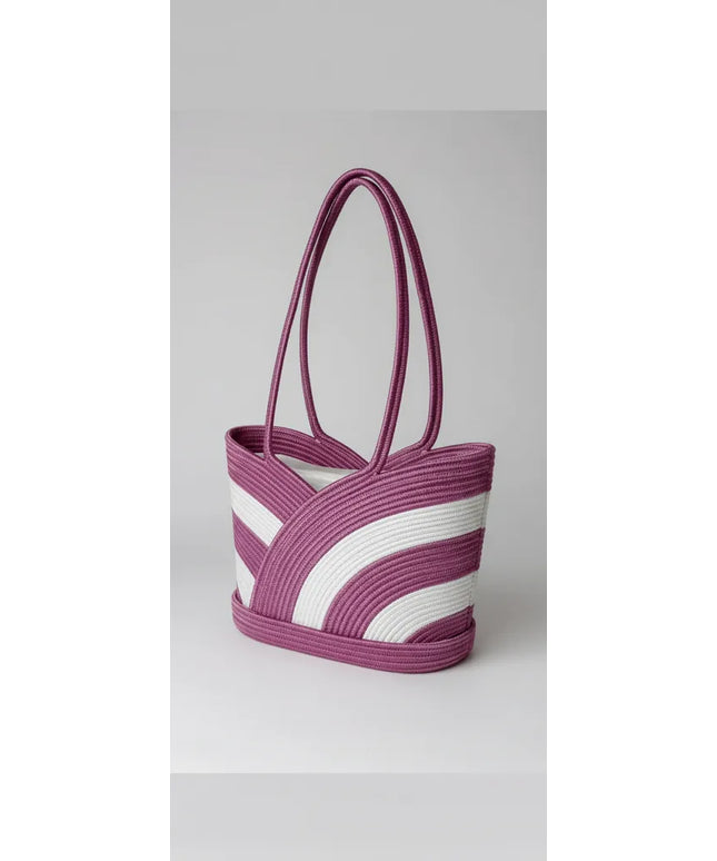 Mor ve Beyaz Şeritli Halat İpten Örme Plaj Çantası El Emeği