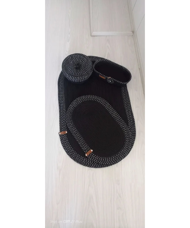 Siyah Halat İp Örgü Banyo Seti 3 Parça Banyo Paspası ve Sepet