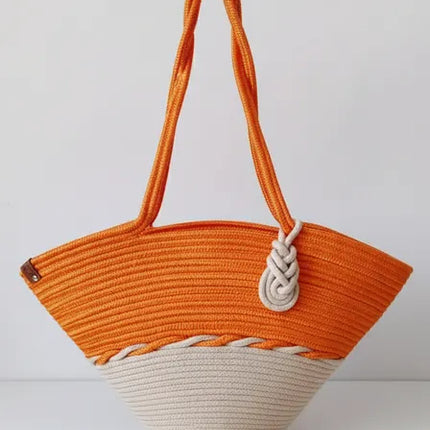 Turuncu ve Krem Renkli Halat İpliği Örgü Sahil Çantası