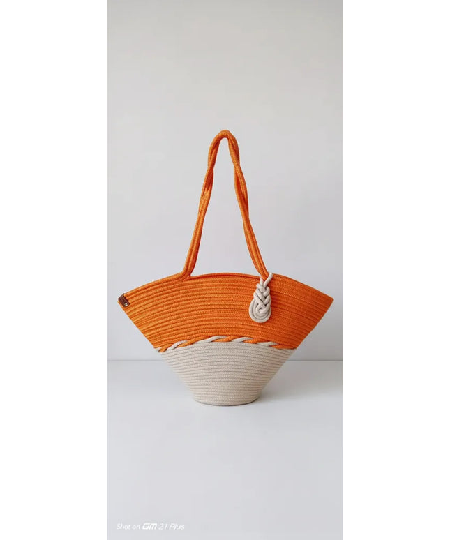 Turuncu ve Krem Renkli Halat İpliği Örgü Sahil Çantası
