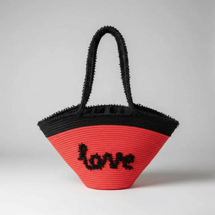 Kırmızı ve Siyah Hasır Plaj Çantası Love Yazılı El Yapımı