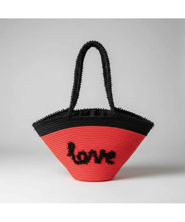 Kırmızı ve Siyah Hasır Plaj Çantası Love Yazılı El Yapımı