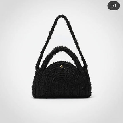 Siyah Örgü Omuz Çantası Yuvarlak Formlu El Yapımı Şık Tasarım