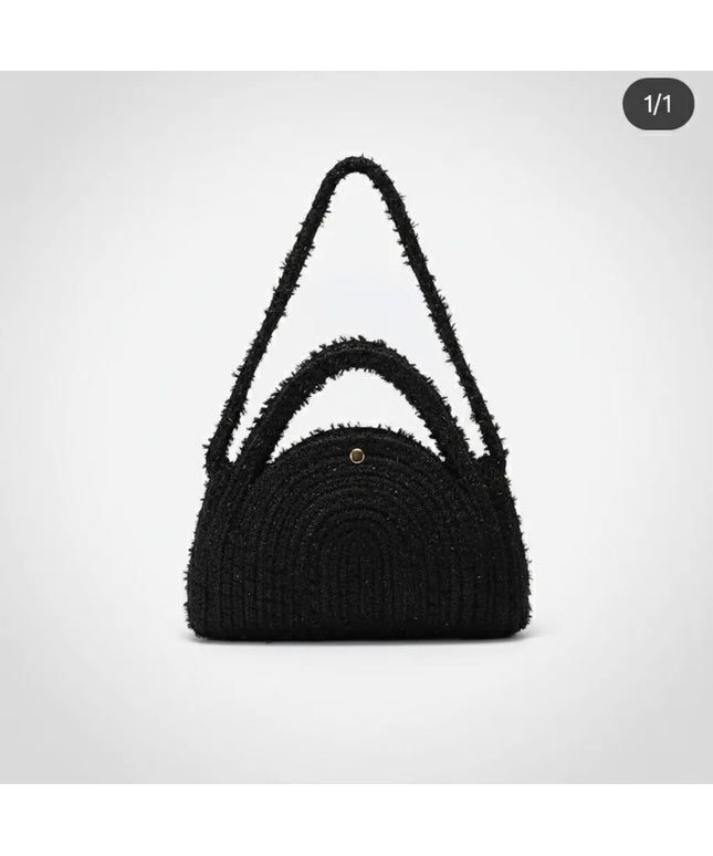 Siyah Örgü Omuz Çantası Yuvarlak Formlu El Yapımı Şık Tasarım