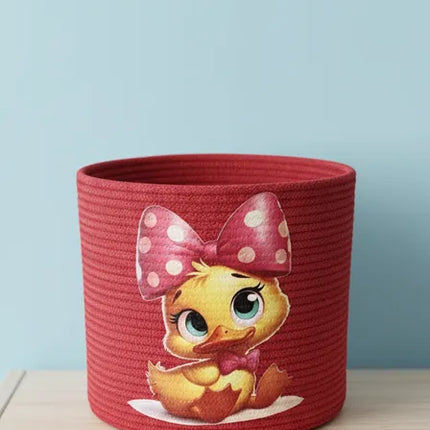 Kızıl Renkli Ördek Desenli Yuvarlak Halat Sepet Organizer Sepet