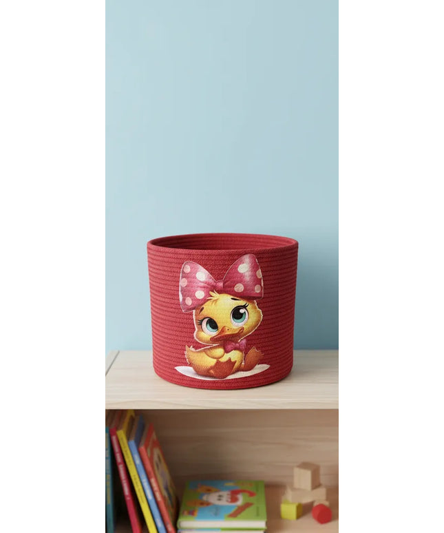 Kızıl Renkli Ördek Desenli Yuvarlak Halat Sepet Organizer Sepet