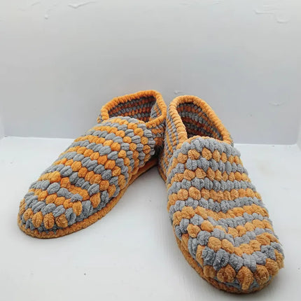 Örgü Kadın Ev Terliği Turuncu Gri Renkli Kaymaz Tabanlı 3536 Numara