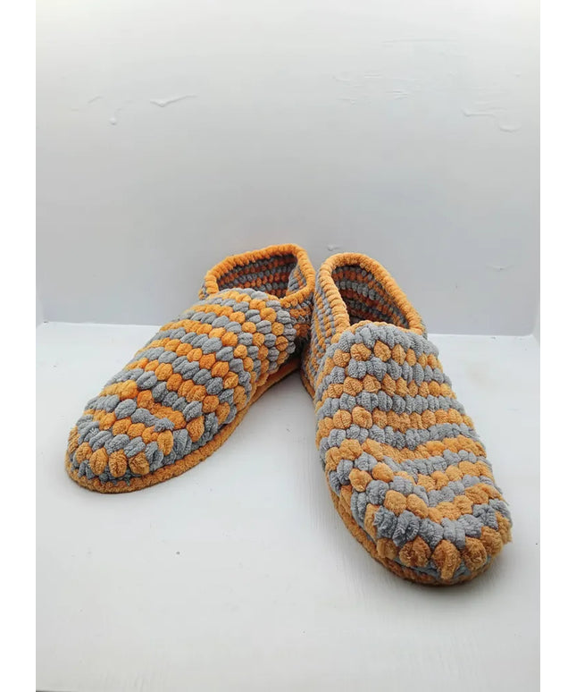 Örgü Kadın Ev Terliği Turuncu Gri Renkli Kaymaz Tabanlı 3536 Numara