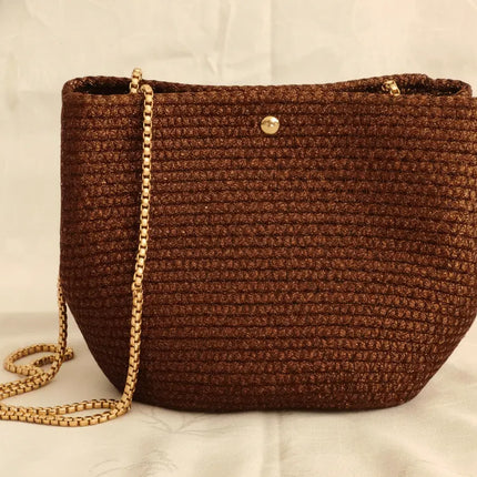 Kahve Tonlarında Kordon İp Örgü Zincir Askılı Omuz Çantası