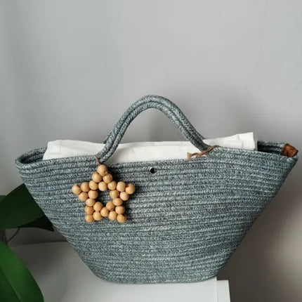 Gri Halat İpli Plaj Çantası Ahşap Yıldız Detaylı ve Geniş Hacimli