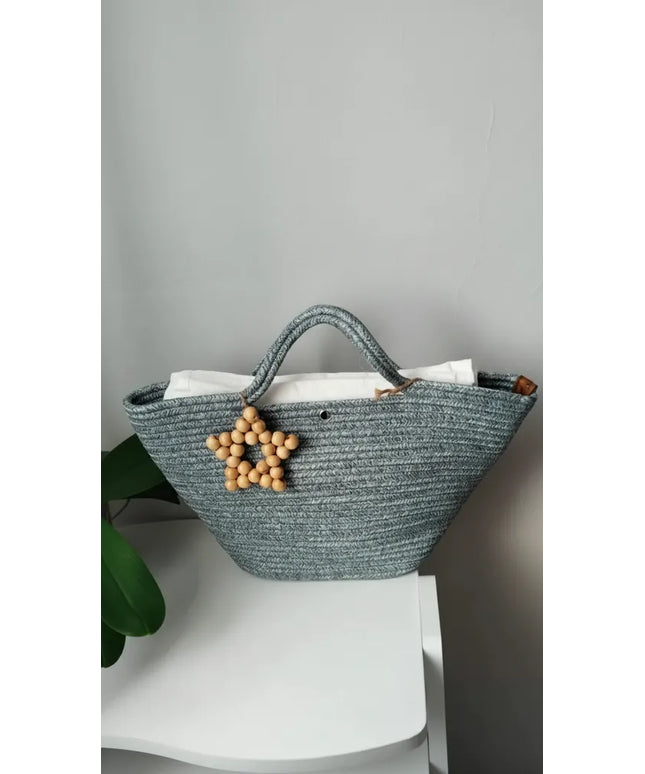 Gri Halat İpli Plaj Çantası Ahşap Yıldız Detaylı ve Geniş Hacimli