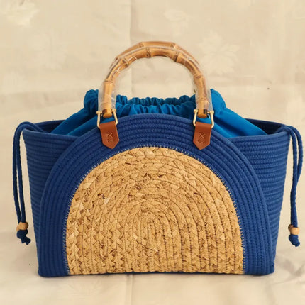 Mavi ve Hasır Detaylı Örgü Kol Çantası El Yapımı Özel Tasarım